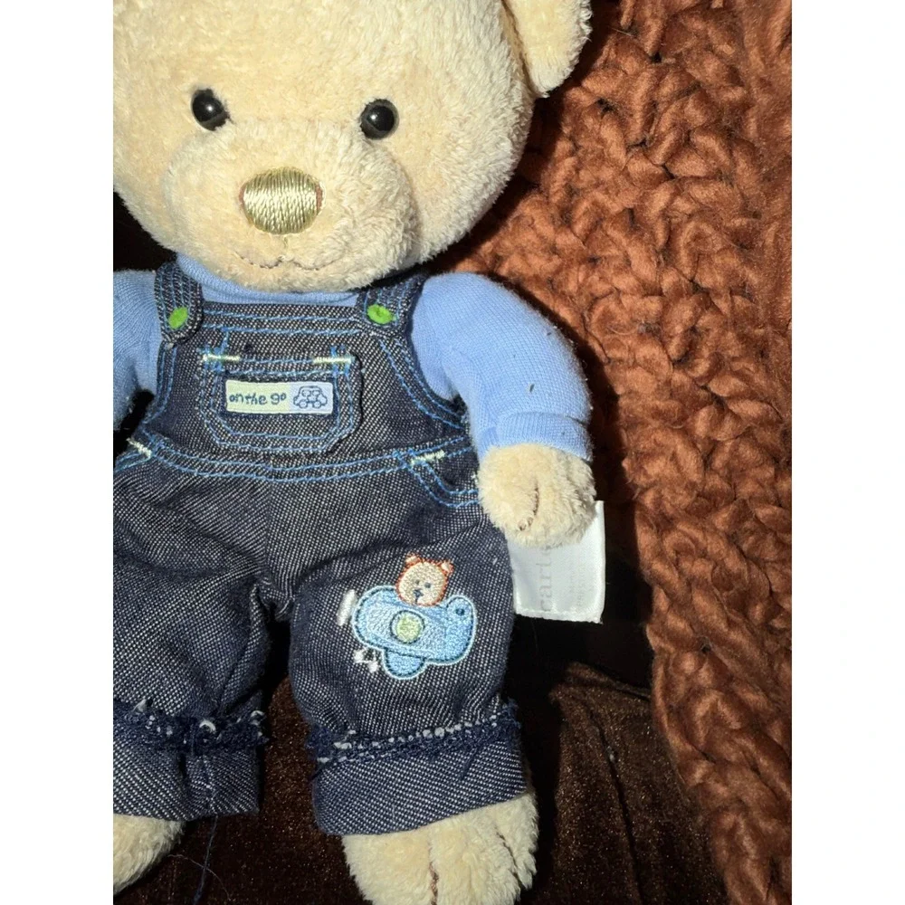 Carters On The Go Plush Teddy Bear Blue Shirt Denim Overalls Stuffed Animal 9in